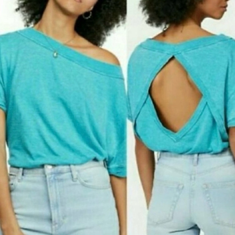 Free People Viola Burnout Open Back Tee Short Sleeve NWT Blue Green Teal Boho